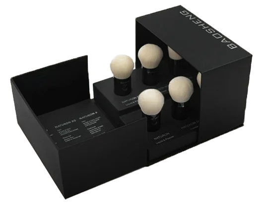 Black Baosheng rigid sleeve box with a four-piece kabuki set in a fitted insert