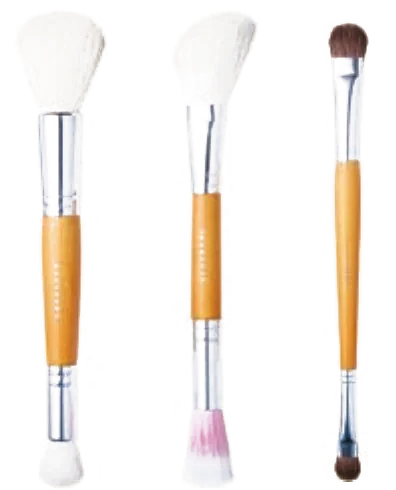 Double-ended powder, blush and angled blush brushes, wooden handles